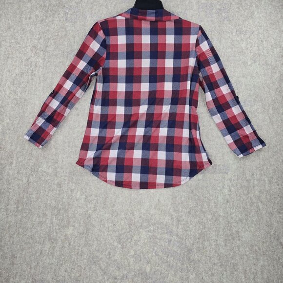 Polly & Esther Womens Red & Navy Plaid Button-Up Shirt Long Sleeve - Picture 2 of 5